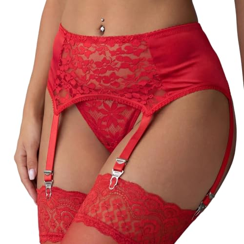 Eagerlove Womens Floral Lace Garter Belt Sexy High Waisted Suspender Lingerie Set with 6 Straps Metal Clip for Thigh Highs Red L