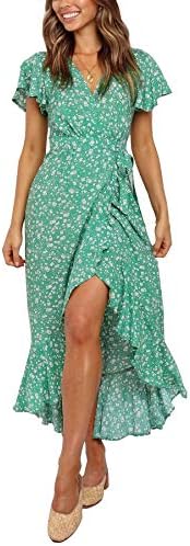 ZESICA Women's Summer Bohemian Floral Printed Wrap V Neck Beach Party Flowy Ruffle Midi Dress,Green,Small