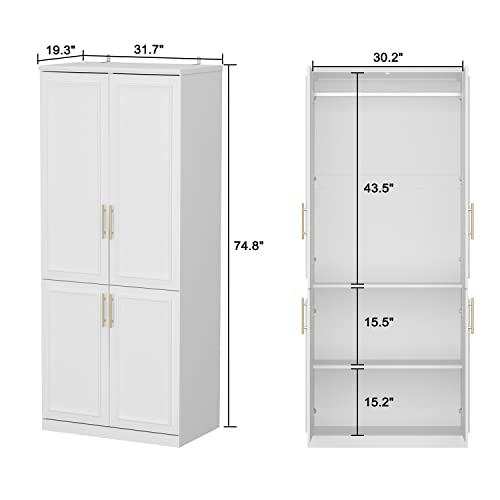 ECACAD Wardrobe Armoire with 4 Doors, 3-Tier Shelves & Hanging Rod, Wooden Closet Storage Cabinet for Bedroom, White (30.2”W x 19.3”D x 74.8”H)
