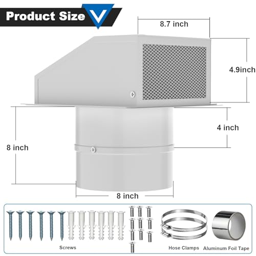 8 Inch Hooded Wall Vent with Screen and Damper, Galvanized Steel Wall Vent Cover with Hose Clamps Aluminum Foil Tape Screws White Metal Hood Cap Exhaust Duct Pipe Kit for Kitchen Bathroom Basement by Popbee - Image 2
