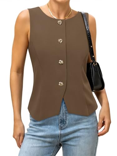 PINKMSTYLE Women Suit Vest Top Trendy Sleeveless Blazer Vest Button Down Fitted Waistcoat Work Outfits Brown Medium — view 2