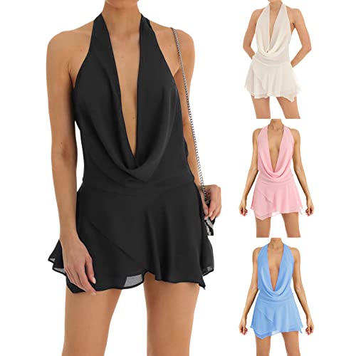 Image of Women Halter V Neck Mini Dress Sexy Sleeveless Backless Slim Fit Party Club Short Dress Y2K Beach Sundress