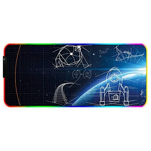 XXL RGB spelmusmatta, (600 × 350 × 3 mm) överdimensionerad LED utökad musmatta med halkfri gummibas, 9 Chroma RGB tangentbord musmatta för dator, PC, skrivbord – rymd-raket matematisk fysik