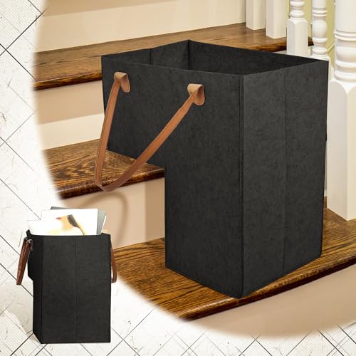 FFTANXS Cesta Escalera, Cestas Plegable en Forma de L con Asas de Piel Sintética, Almacenamiento para Ropa, Juguetes, Artículos del Hogar (Negro)