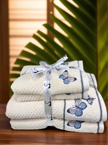 Image of SENSES By Riba Cotton Embroidered Towel Set, 550 GSM Soft & Absorbent, Antimicrobial, Oeko-Tex Certified | Ideal for Home & Gifting, Pack of 4 (2 Bath 27 inchX50 inch + 2 Hand Towels 16 inchX26 inch) - Style 12