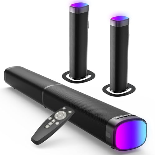 Gerbala Barra de Sonido TV 100W con Bluetooth 5.3 & Luces RGB, Barra de Sonido 2 en 1 Desmontable con Conexión ARC/Óptica/AUX, 3 Modos EQ y Graves Potentes, Sonido Surround para PC, Gaming y Proyector