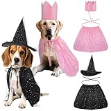 Huhumy 4 Pcs Halloween Witch Pet Costume Witch Cloak, Hat and Crown Set Cats and Dog Pet Wizard Hat and Cloak Costume for Medium & Large Dogs Halloween Party Supplies