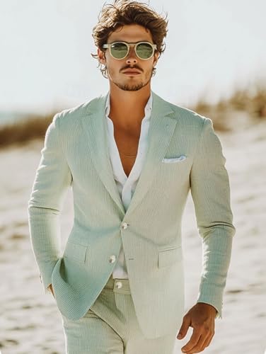 Men's Seersucker Blazer Single Breasted Lightweight Suit Jacket Summer Casual Party Beach Grooms Wedding4