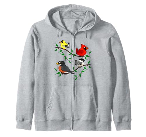 Cute Backyard Birds Cartoon Robin Finch Cardinal Chickadee Zip Hoodie