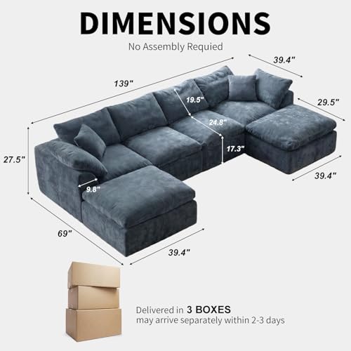 Image of Cloud Couch Sectional for Living Room, Modular U Shaped Boneless Sofa with Chaise, Compressed No Assembly Couch, Deep Seat Chenille Upholstered Convertible Sofa Bed(Steel Blue)