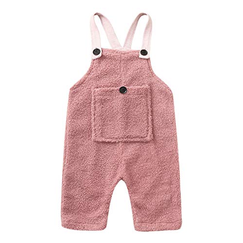 Toddler Baby Girls Boys Solid Color Fleece Overalls Pants Infant Warm Flannel Suspender Romper (Pink, 6-12 Months)