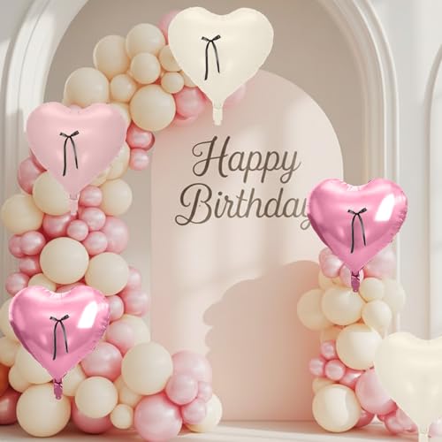 Image of Pink Heart Balloons, 10 Pcs Pastel Pink Cream Heart Shaped Balloon with Black Bow Ribbon, 18 Inch Pink Sand White Foil Balloons for Girls Women Brithday Baby Shower Wedding Valentines Party Decoration
