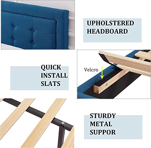 Vecelo Queen Size Upholstered Bed Frame With Height Adjustable Fabric Headboard, Heavy-Duty Platform Bedframe/Mattress Foundation/Strong Wood Slat Support/No Box Spring Needed, Blue #TOP4