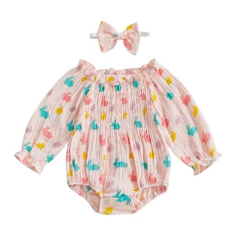 ZyHwShine Baby Girl Easter Outfit Newborn Girl Smocked Outfits Bunny Bubble Romper Long Sleeve Jumpsuit Summer Clothes (Easter-Multicolor, 0-3 Months) Cover