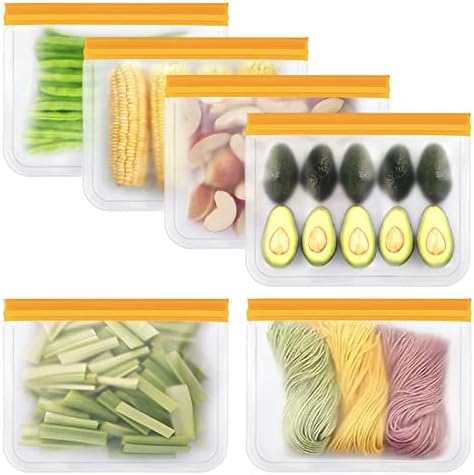 Reusable Food Storage Bags, 6 Pack BPA Free Reusable Freezer Bags Reusable Gallon Bags Sandwich Bags Snack Bags, Extra Thick Leakproof Silicone Lunch Food Bags for Meat Fruits and Vegetables