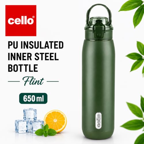 Image of CELLO Puro Steel-X Flint 900 Insulated Water Bottle 650 ml, Military Green | Easy Press Open Flip Top, Easy to Carry with Handle Leak Proof Inner Steel Water Bottle for School Kids, Office Gym Travel