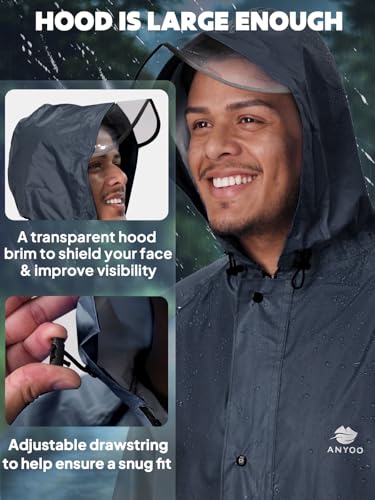 Image of ANYOO Waterproof Rain Jacket for Men Women Lightweight Long Sleeve Raincoat with Hood Emergency Rain Poncho Adults for Hiking