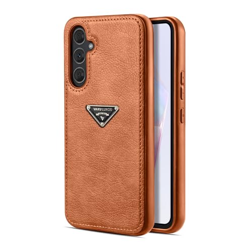 Image of Vaku Luxos Nyxen Back Cover Case for Samsung Galaxy A35 5G Premium Leather Stitched Soft Shockproof Protective TPU Phone Case Camera Screen Protector- Brown
