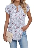 Cuptacc Tunika Damen V Ausschnitt Kurzarm Blusen Damen Sommer Elegant Locker Einfarbig Oberteile Grau Rosa Blumen, XXL 50 54