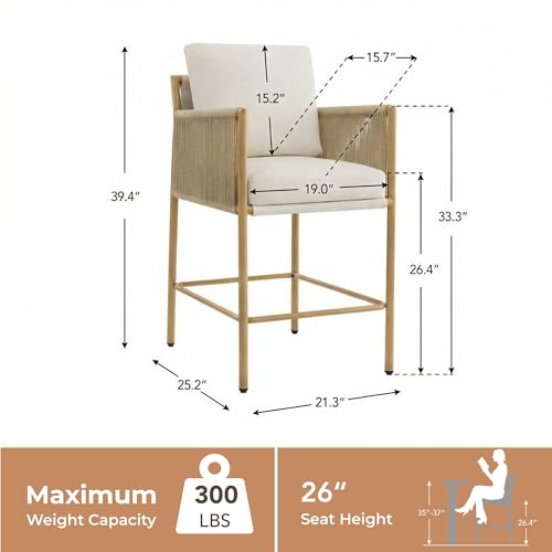 Image of CHITA Boho Rope Counter Height Bar Stools Set of 2, Modern Upholstered Bar Stools with Handwoven Rope Armrests, Metal Frame with Wood-Grain Finish, 26.4 inch Seat Height, Cream
