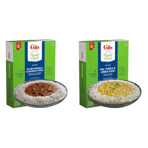 Image of Gits Ready to Eat Basmati Rice & Rajma Masala Combo Meal, Pure Veg, Heat and Eat, 375g + Gits Ready to Eat Jeera Rice & Dal Tadka Combo Meal, Pure Veg, Heat and Eat, 375g