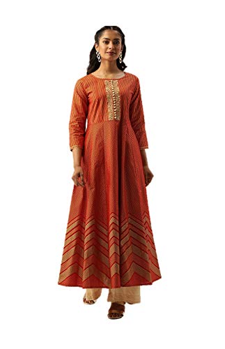 Anarkali Kleid für Frauen, indische Partykleidung Kurtis für Damen, Kurta Tunika, Anzüge, fertig gemacht, Kastanienbraun & Goldton 1, Large Cover