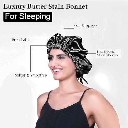 Image of GLUN Hair Protector Bonnet Cap with 3 Scrunchies Combo, Pack of 1 Black Colour, Prevents Hair Breakage, Frizz Control and Moisture Retention, Ideal for Curly & Natural Hair