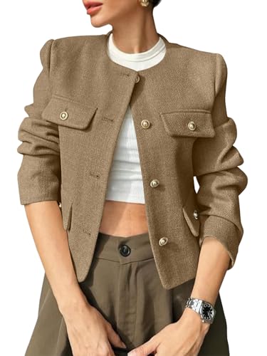 Cicy Bell Womens Cropped Tweed Blazers Jacket Collarless Button Down Business Casual 2025 Fall Outfits Winter Coats