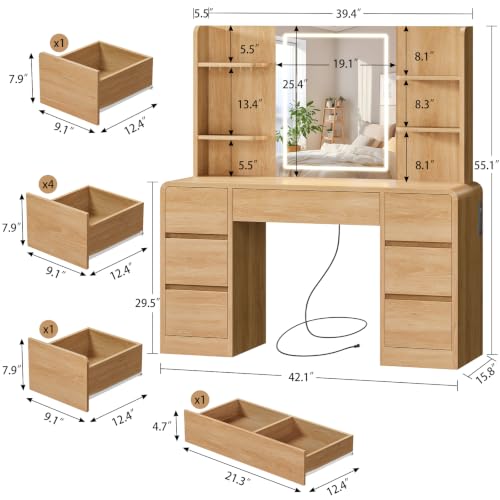 Image of FIONESO Vanity Desk with Mirror and Lights, Makeup Vanity with 7 Drawers & Power Outlet, 3 Lighting Modes Brightness Adjustable, Vanity for Girls, Natural