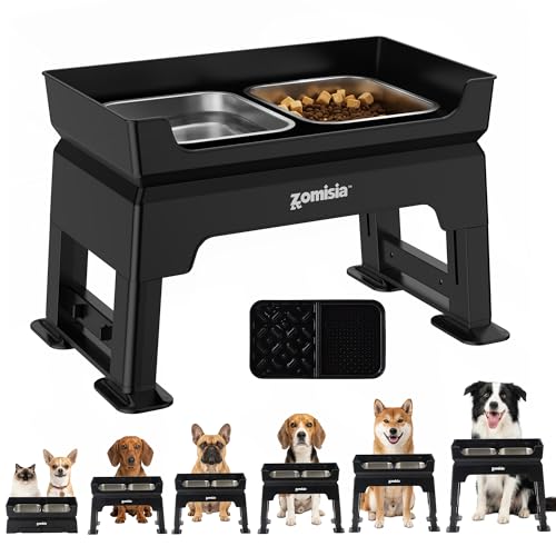 ZOMISIA Elevated Dog Bowls, 6 Height Adjustable Raised Dog Bowl Mess Proof | 3-in-1 Dog Bowl Stand, Double Deck Design, 2 Stainless Steel Bowls, Licking Plate, Feeding Station for Small Medium Large Pet