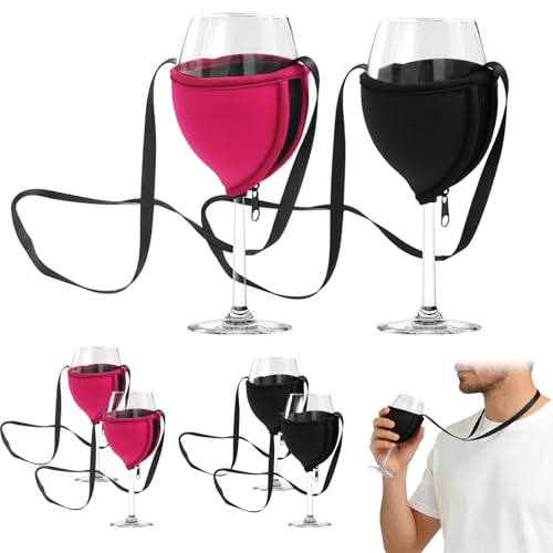 KEORHEZ 6 Stück Weinglashalter Zum Umhängen Weinhalter Zum Umhängen Becherhalter Festival Geeignet für Weihnachten Weinfeste Picknicks Partys und Hochzeiten (Schwarz + Fuchsia)