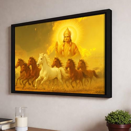 Image of Divine 7 Running Horses Vastu Framed Wall Art Painting for Living Room | Golden Spiritual Seven Horse Painting With Frame Symbol of Positivity & Progress Wall Art for Home & Office, 14x18 Inch