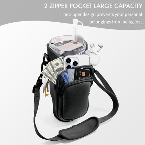 Image of Water Bottle Carrier Bag with Phone Pocket for Stanley Cup 40 /30 oz, Water Bottle Holder with Adjustable Strap& Straw Cover, Stanley Cup Accessories (Black)