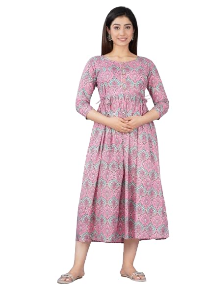 Cotton Floral Printed Anarkali Feeding Kurti for Women with Zipper Maternity Gown (Light Pink)-image-13