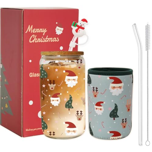 Haevola Christmas Gift for Women, Men, Grandkids, Xmas Glass Cup with Sleeve, Insulated Tumbler with Lid & Straw, Christmas Mugs, Color Changing Drinkware