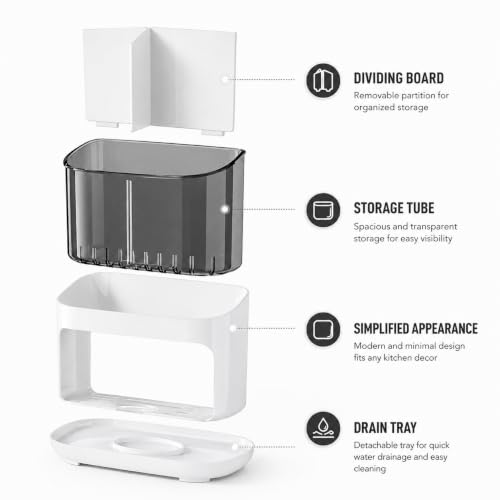 Image of Cutlery Holder with Drainage Tray | Kitchen Cutlery Organizer with Removable Partition | Large Capacity Countertop Storage Caddy (White)
