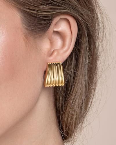 Gold Chunky Statement Earrings for Women by SNGIA, Small Handmade Trendy Stud Ribbed Jewelry Gifts, Rectangle Huggies Fashion Button Accessories, Vintage Thick Square Nickle Free Huggie Earring.3