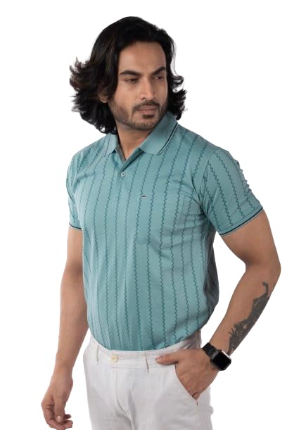 Image of Men's Polo T- Shirts Collar Neck Half Sleeves, Regular Fit, Cotton Mercerized Collection with All Over Vertical Printed Stripes /Comfortable and Soft