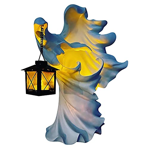 Halloween Faceless Ghost Sculpture Hell s Messenger with Lantern White Robe Ghoul with Handle Resin Sculpture Decoration Candle Light The Ghost Looking for Light, Office Desk Room Indoor and Outdoor