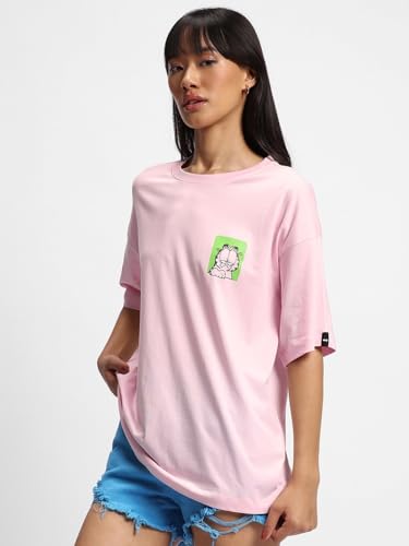 Image of Bewakoof X Garfield Garfield Women's 100% Cotton Graphic Print Oversized Fit Half Sleeve V-Neck T-Shirt | Casual wear | Streetwear | Oversized Tshirt for Woman Cotton| Baggy