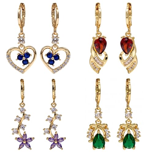 18K Gold Plated, 4 Pairs Dangle Earrings Set for Women, Flower/Heart/Star/Bow Sapphire Emerald Amethyst Drop earrings, Hypoallergenic Cubic Zirconia Earrings, Lightweight, Party, gold earrings, Jewelry for Gifts, Fashion (Drop-BigGems-01)