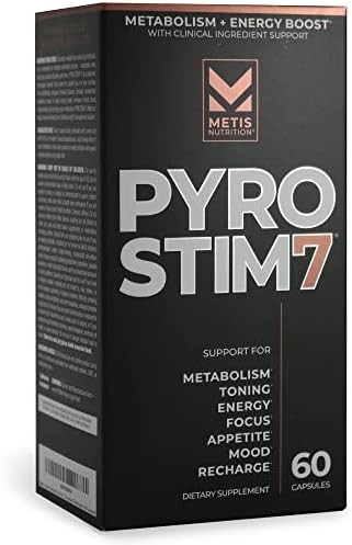 METISNutrition Pyro Stim 7 Metabolism Booster Fat Loss Support Energy Boost - Once-A-Day Thermogenic with Teacrine for Focus, Appetite Control, Muscle Toning, and Mood Control (60 Capsules)