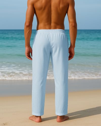 Image of PIDOGYM Mens Cotton Linen Pants, Summer Beach Pants Casual Loose Fit with Elastic Waist Drawstring