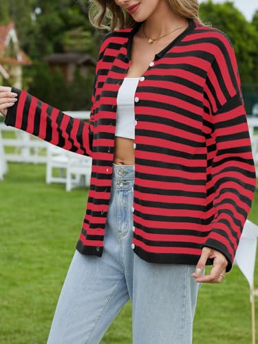 Image of UNCLECAT Womens Striped Cardigan Long Sleeve Button Down Knit Tops | 2026 Fall Winter Trendy,Casual,Cute Lightweight Sweaters,Cozy Soft,Open Front Top,loose fit