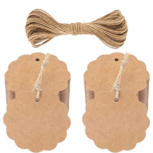 jijAcraft 50 pezzi Etichette Rotonde in Carta Kraft 6x6cm, Tag Regalo Cartoncino e Spago di Iuta, per l'artigianato Matrimoni Battesimo Natale (Marrone)