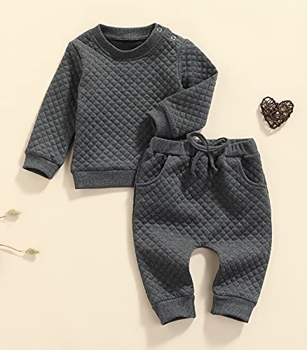 Newborn Baby Boy Girl Clothes Gender Neutral Sweatsuit Unisex Solid Outfit Long Sleeve Warm Pullover Pant Set (Grey, 6-12 Months) #TOP1