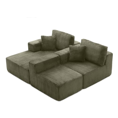 Image of L Shaped Modular Boneless Sectional Couches for Living Room, Wide Armrest, Deep Seat, Memory Foam, Assembly Free, Modern Comfy Corduroy Fluffy Cloud Sofa with Left Chaise, Green