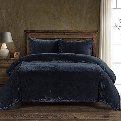 HiEnd Accents Stella Faux Silk Velvet Midnight Blue King Duvet Cover Set
