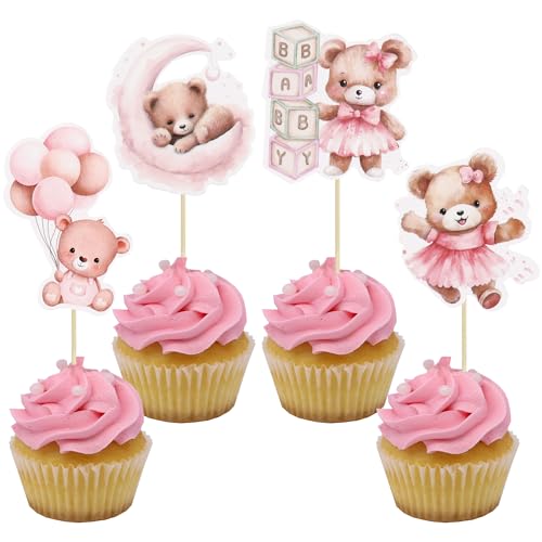 Gyufise 36Pcs Baby Shower Bear Cupcake Toppers Moon Baby Bear Baby Shower Cake Topper Decorations Jungle Animal Theme Baby Shower Birthday Party Cake Supplies Pink cover