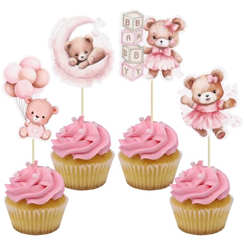 Gyufise 36Pcs Baby Shower Bear Cupcake Toppers Moon Baby Bear Baby Shower Cake Topper Decorations Jungle Animal Theme Baby Shower Birthday Party Cake Supplies Pink